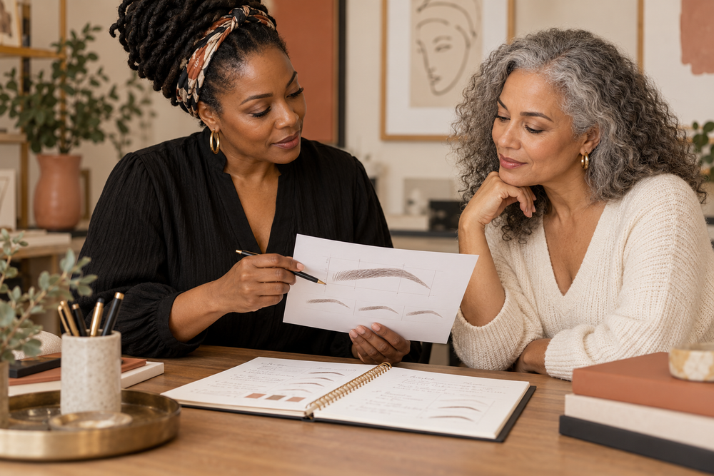 Illustrative PMU artist and client reviewing a paper brow design and written appointment record