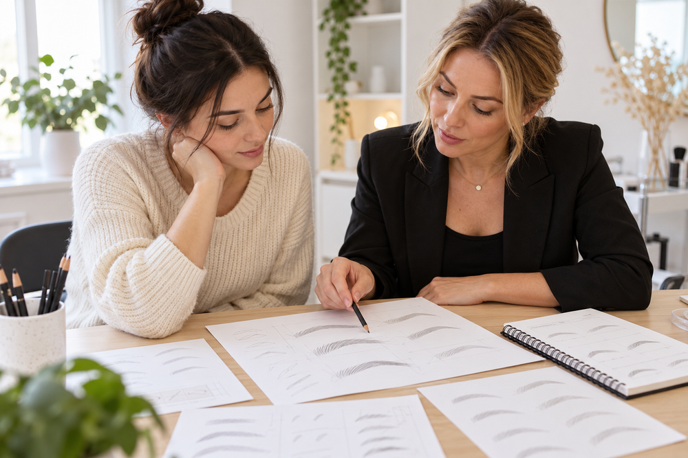 Illustrative cosmetic tattoo student and mentor reviewing brow drawing practice sheets