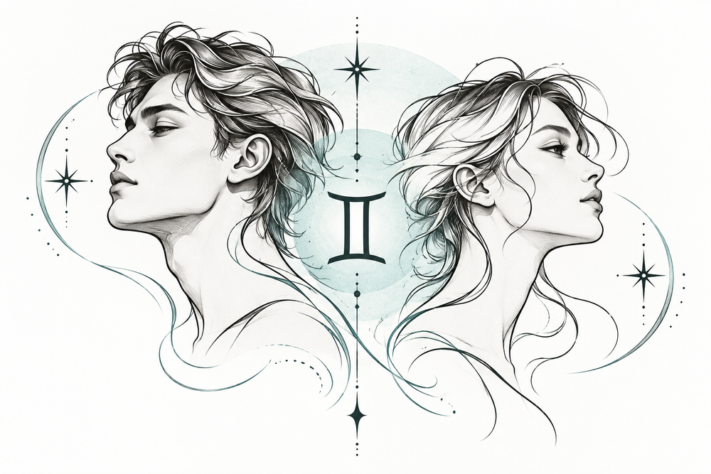 Original twin-inspired Gemini concept with complementary profile drawings, star accents and a Gemini glyph