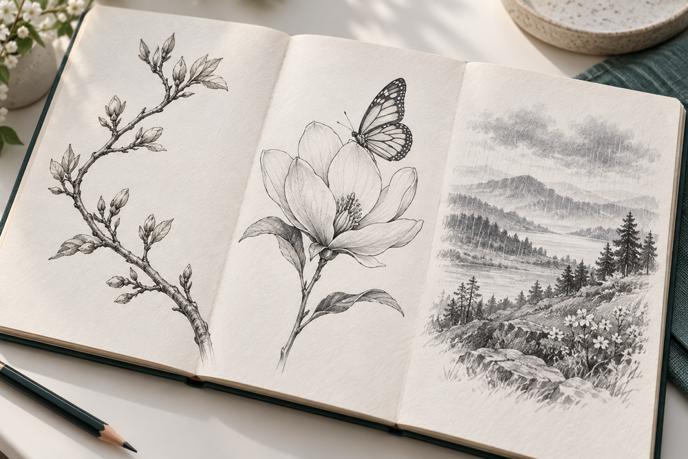 Original spring drawing studies comparing a budding branch, a flower and butterfly, and a rainy landscape
