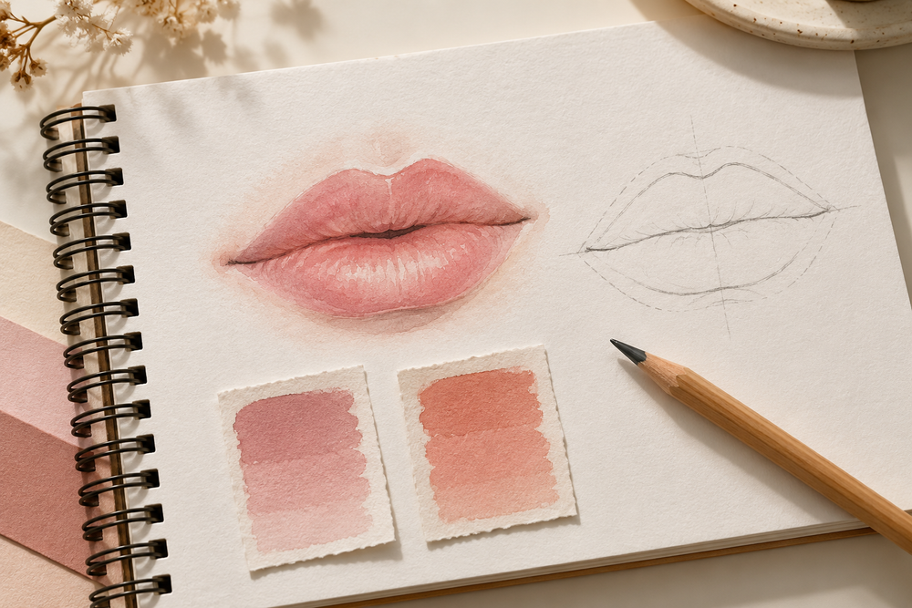Watercolour lip drawing with a separate outline and generic coral swatches in an artist notebook