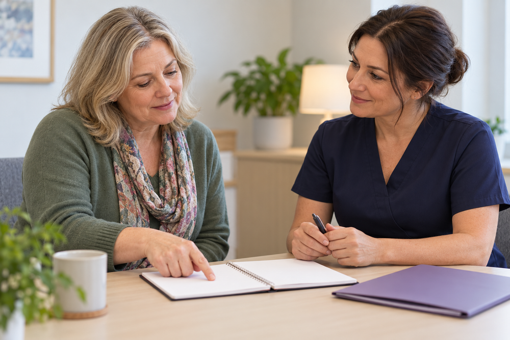 Illustrative fully clothed patient and breast care professional discussing a notebook during a consultation