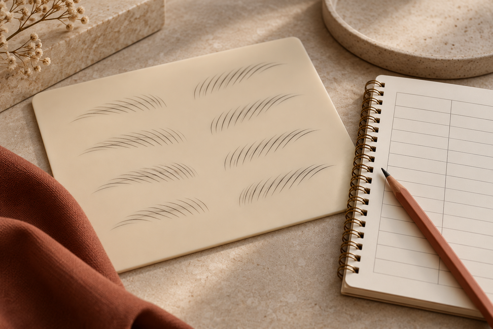 Illustrative synthetic practice sheet with groups of fine directional brow marks beside a configuration notebook