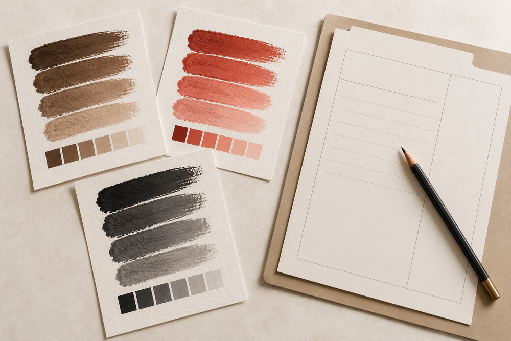 Generic brown coral and charcoal artist swatch sheets beside a blank product identity record