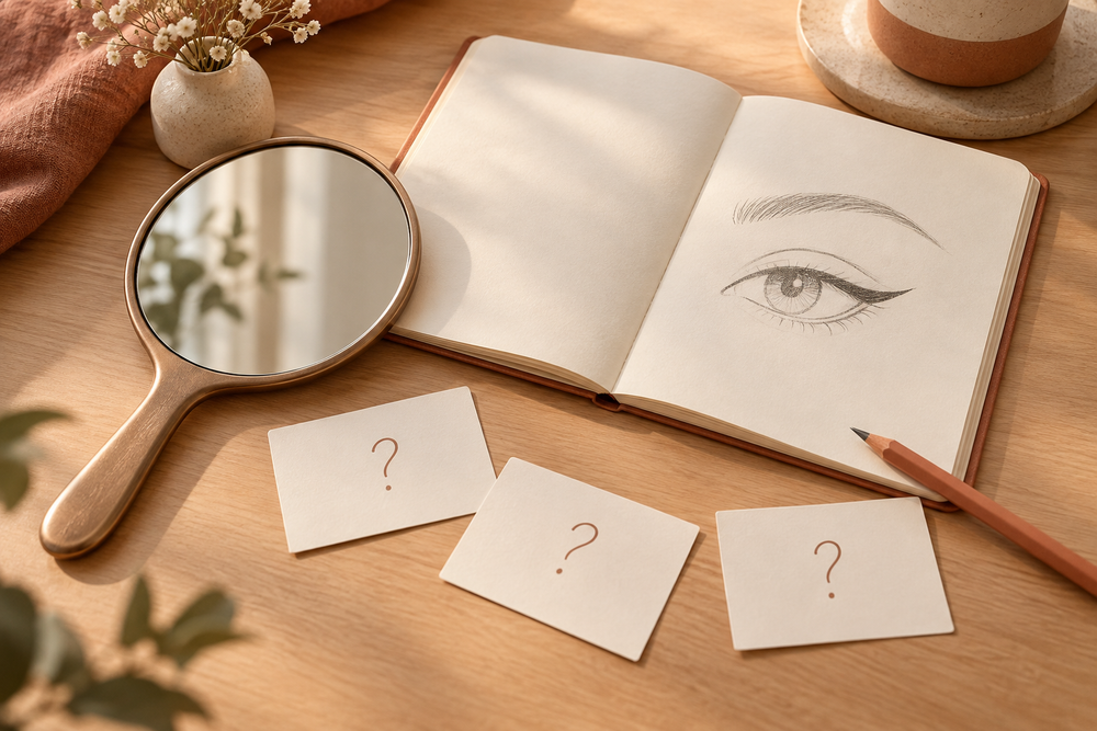 Paper eyeliner design sketch beside a hand mirror and question cards