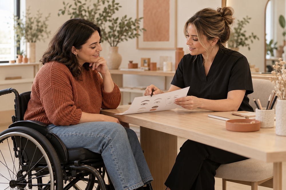 Illustrative wheelchair user and PMU practitioner discussing a paper design together at a desk