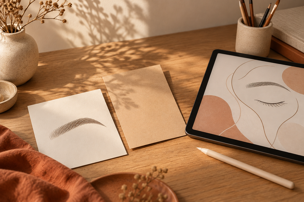 Paper eyebrow drawing plain kraft sheet and a digital drawing tablet illustrating design practice and tool choices