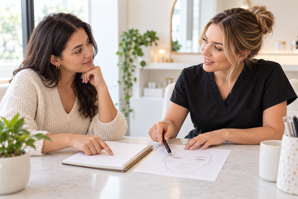 Illustrative client and practitioner discussing a face-outline planning sheet during a PMU consultation