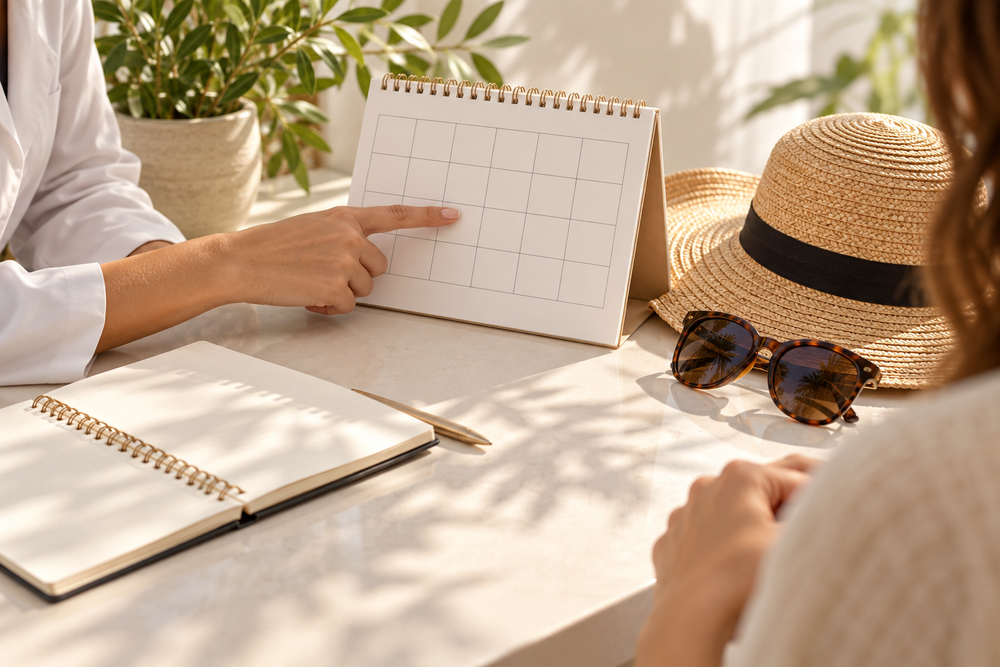 Illustrative booking conversation using a calendar beside a sun hat and travel sunglasses