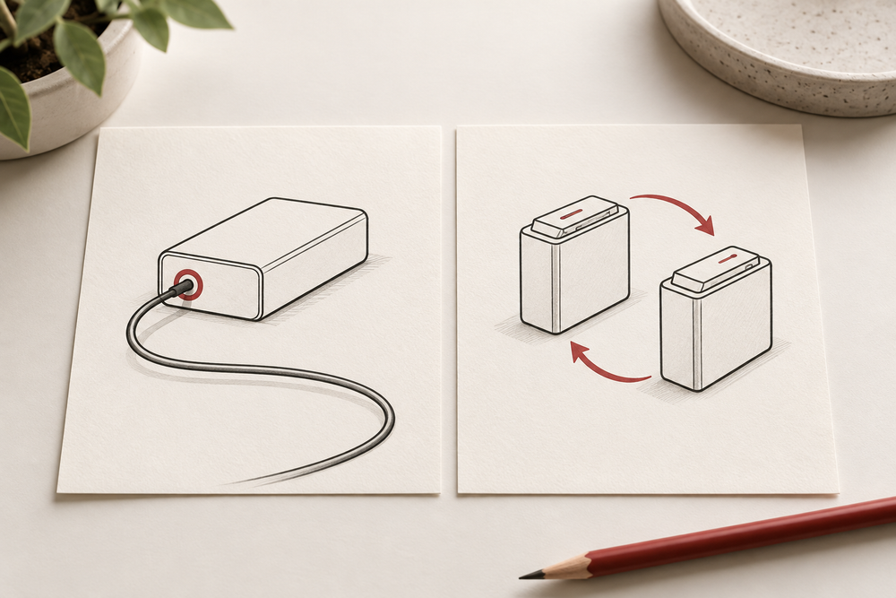 Abstract planning cards comparing an external power cable with two rotating battery symbols