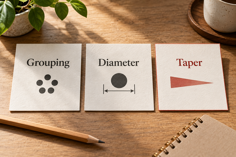 Separate editorial specification cards for grouping diameter and taper, with taper highlighted