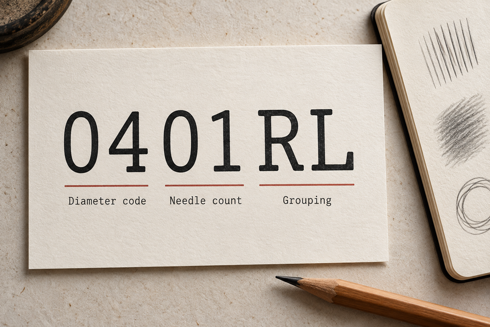 The full Style code 0401RL split into diameter code 04, needle count 01 and grouping RL