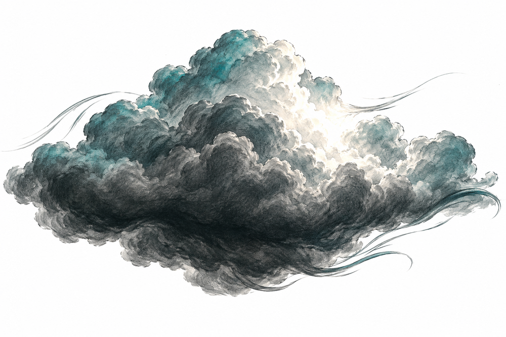 Original cloud drawing study with a dark underside, luminous opening and restrained wind-line accents