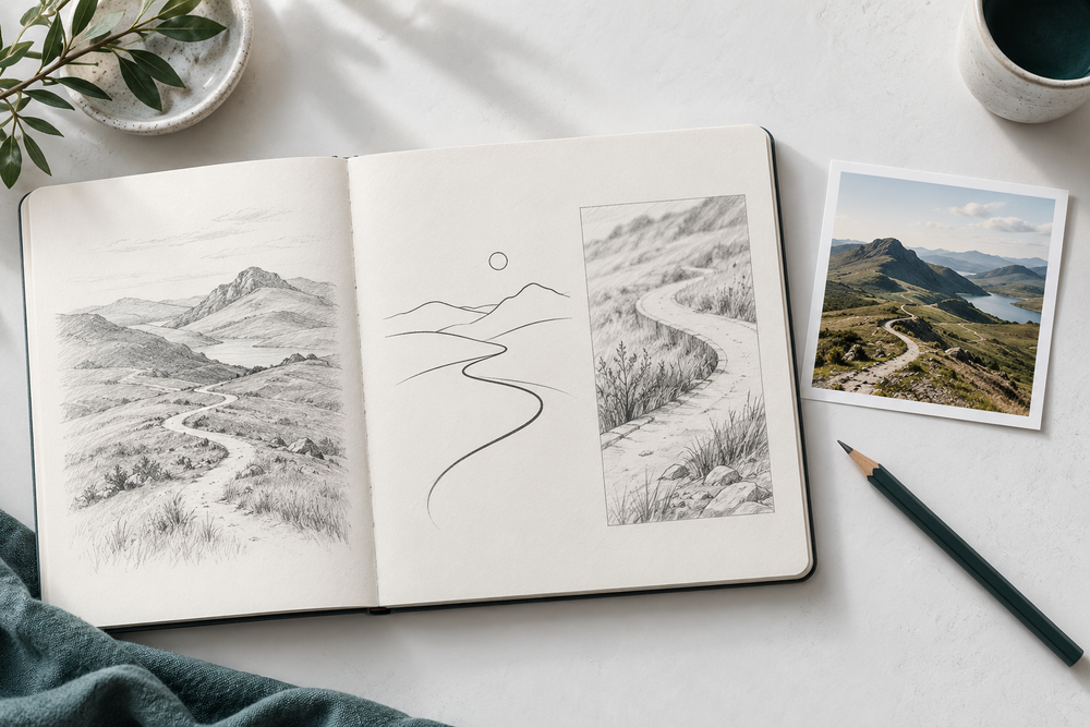 Sketchbook comparing a landscape, a simple winding line and a path detail for a personal tattoo brief