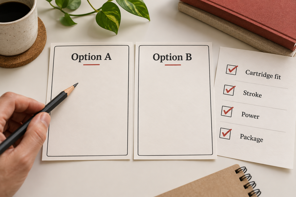 An editorial comparison notebook with two option cards and separate checks for cartridge fit stroke power and package