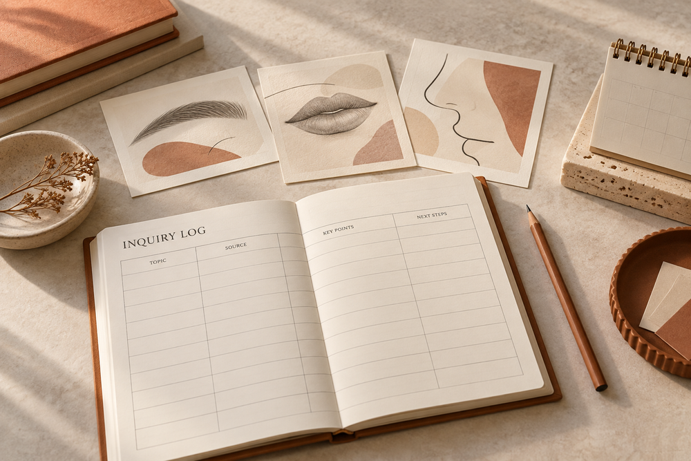 Blank studio inquiry log beside generic brow and lip drawing reference cards