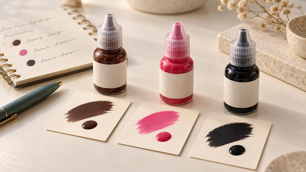 Illustrative small pigment bottles beside brown, pink and black shade cards