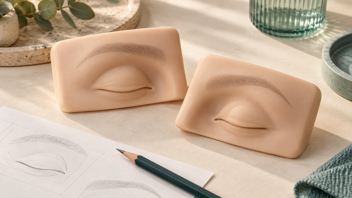 Illustrative pair of left and right eye contour practice forms on a desk