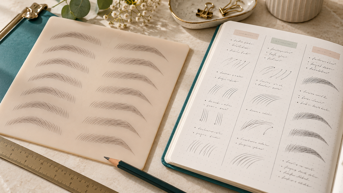 Illustrative tabletop with repeated brow strokes on a silicone sheet beside a practice notebook
