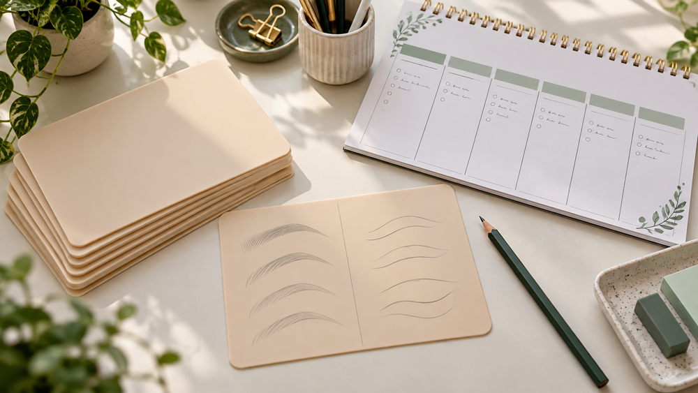 Illustrative stack of practice sheets beside a weekly planner and a sheet divided into study zones