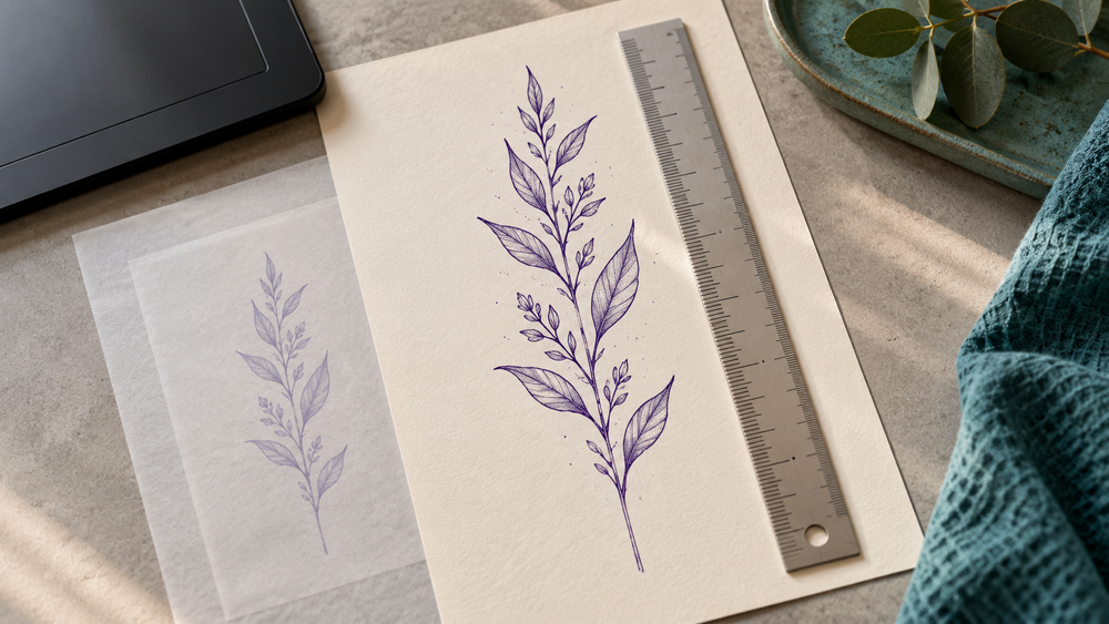 Illustrative purple botanical stencil with a ruler and a second paper proof