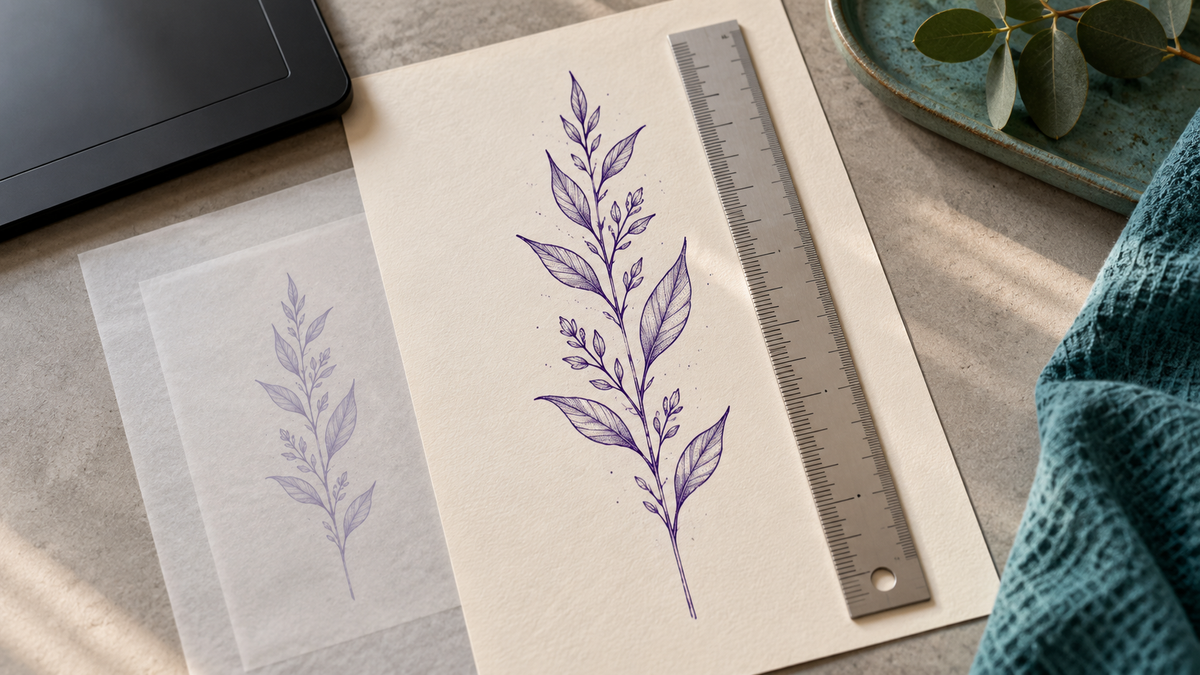 Illustrative purple botanical stencil with a ruler and a second paper proof