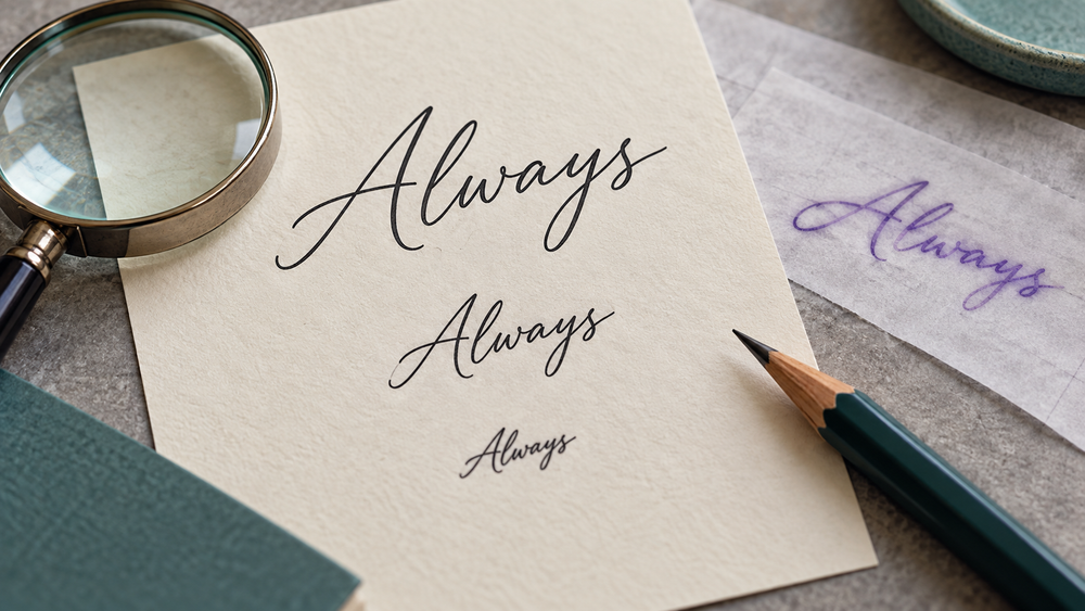 Illustrative paper lettering proofs in different sizes beside a magnifying glass and pencil