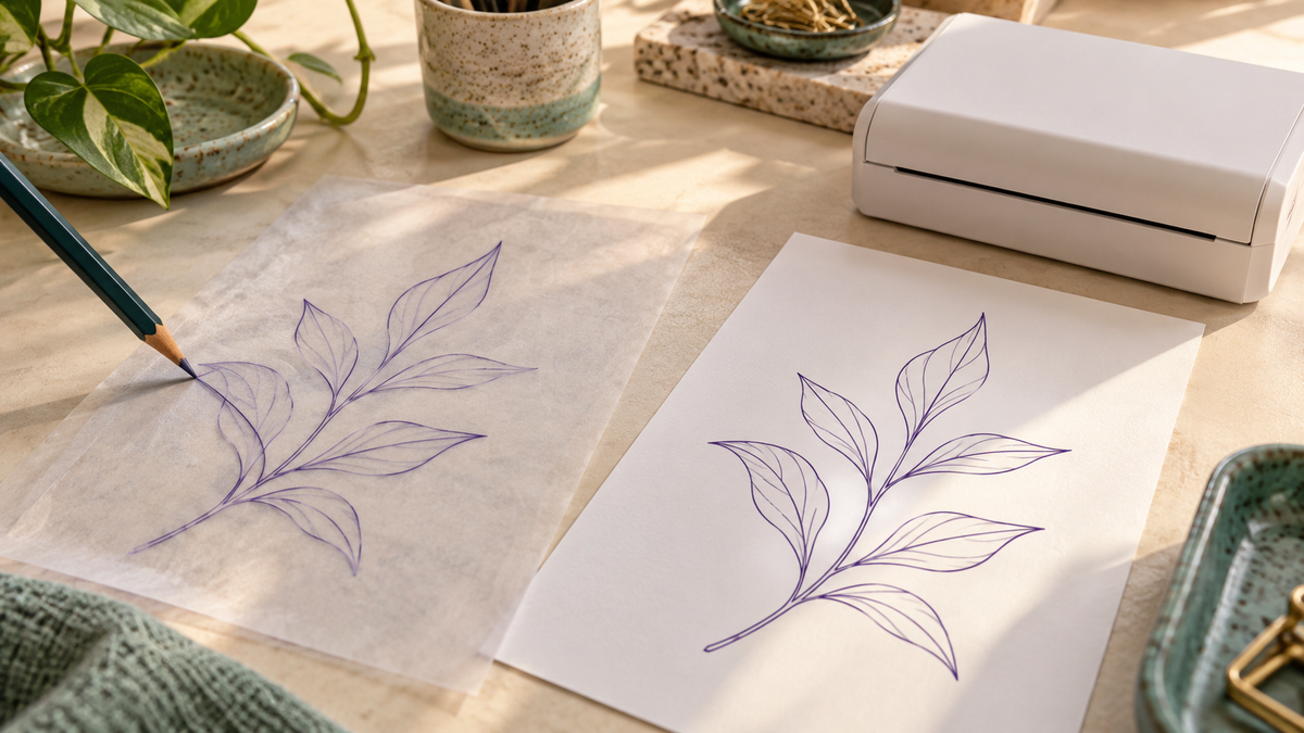 Illustrative hand-traced botanical drawing beside a printed outline