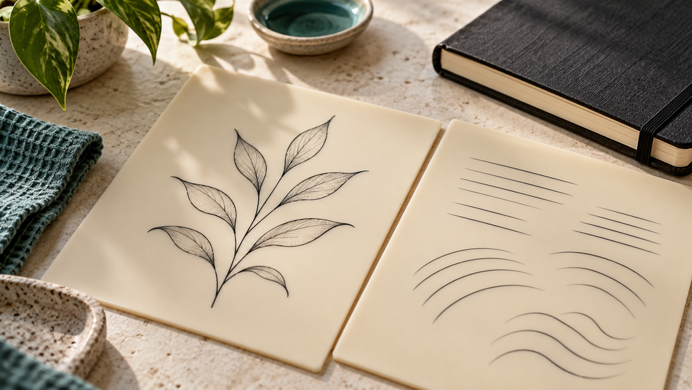 Generated editorial scene of synthetic practice sheets with botanical lines and a retained notebook