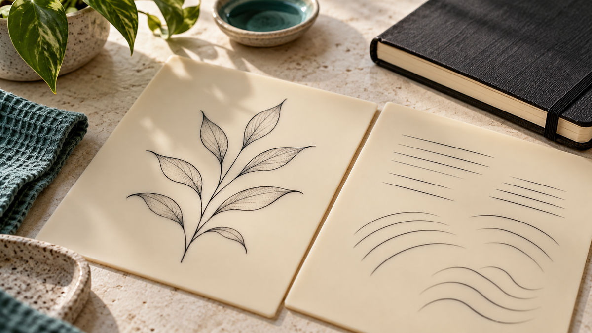 Generated editorial scene of synthetic practice sheets with botanical lines and a retained notebook