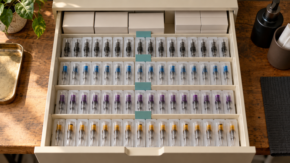 Illustrative organised drawer with sealed cartridge packs and blank dividers