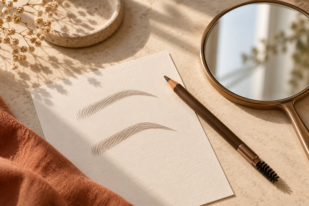 Brow pencil and paper eyebrow shape trials beside a hand mirror
