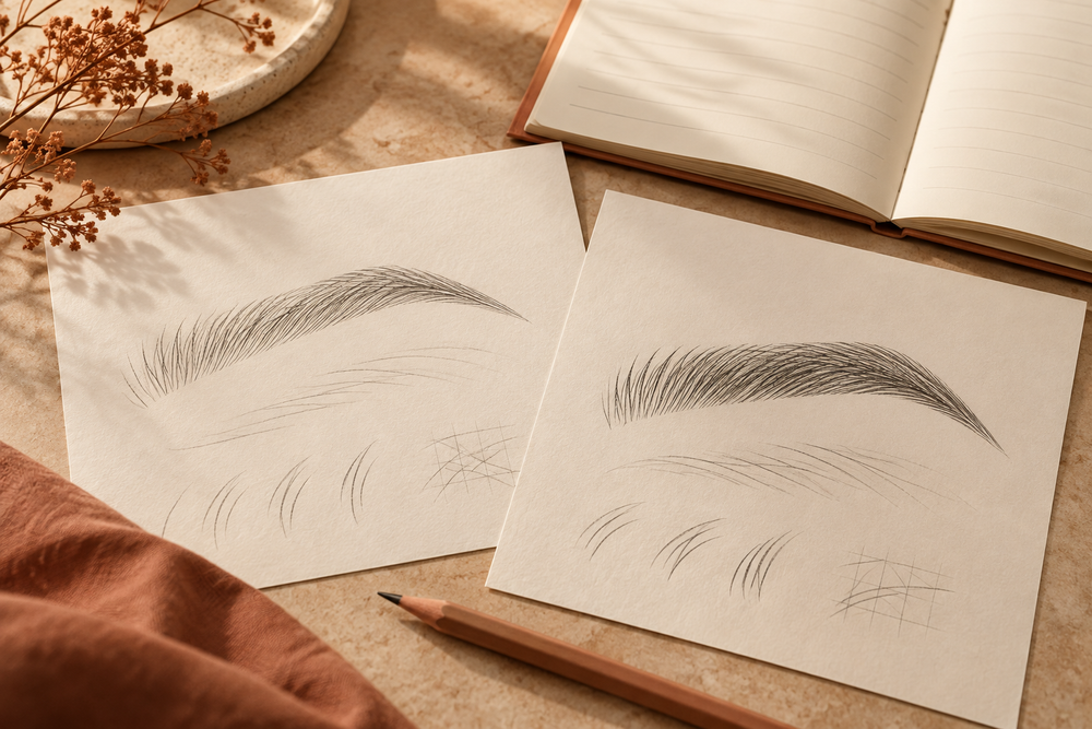 Two original paper brow design drawings beside a practice record notebook and pencil