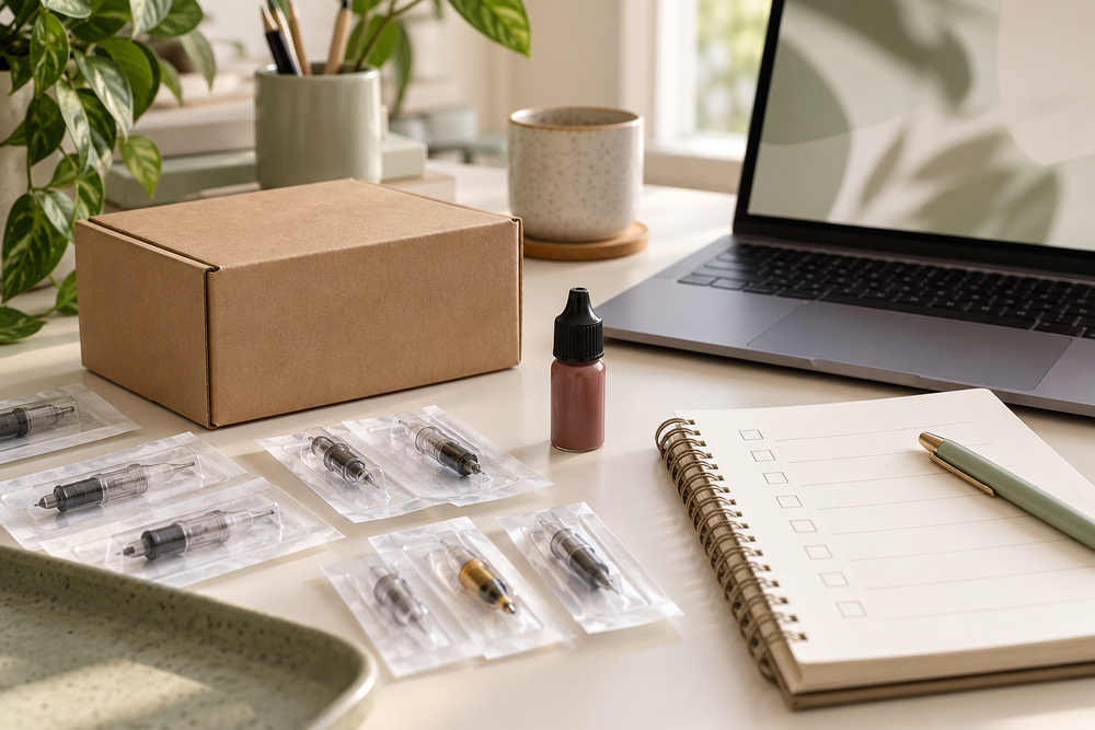 Conceptual supplies ordering workspace with a parcel, cartridge packets, capped bottle and notebook.