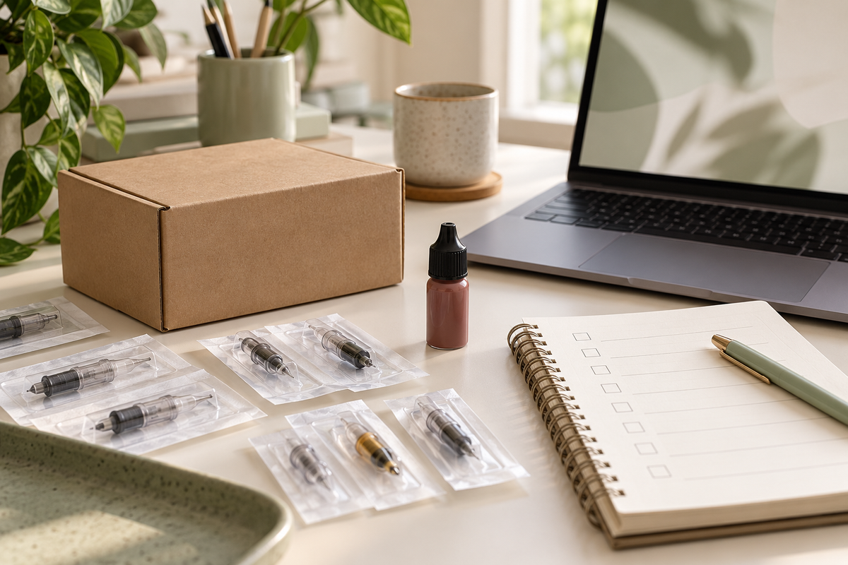 Conceptual supplies ordering workspace with a parcel, cartridge packets, capped bottle and notebook.