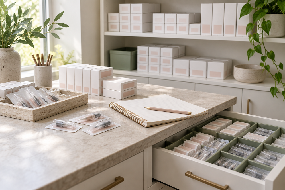 Conceptual studio inventory with organized unbranded supply boxes, cartridge packets and a stock notebook.