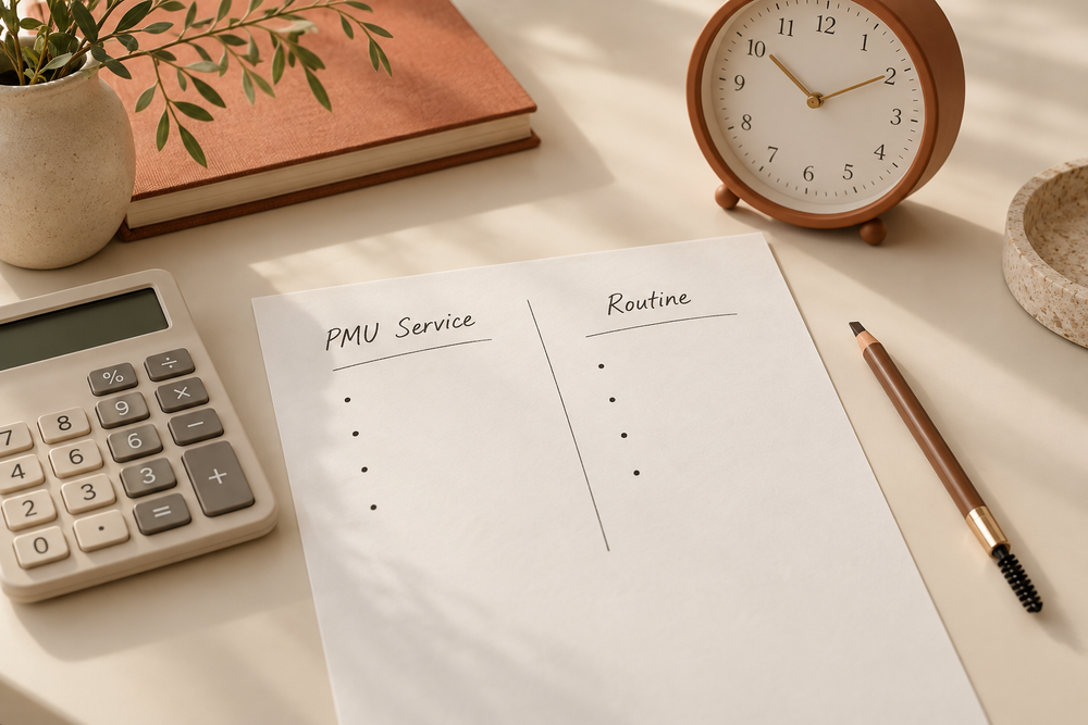 Calculator clock brow pencil and a blank comparison sheet for PMU service and routine