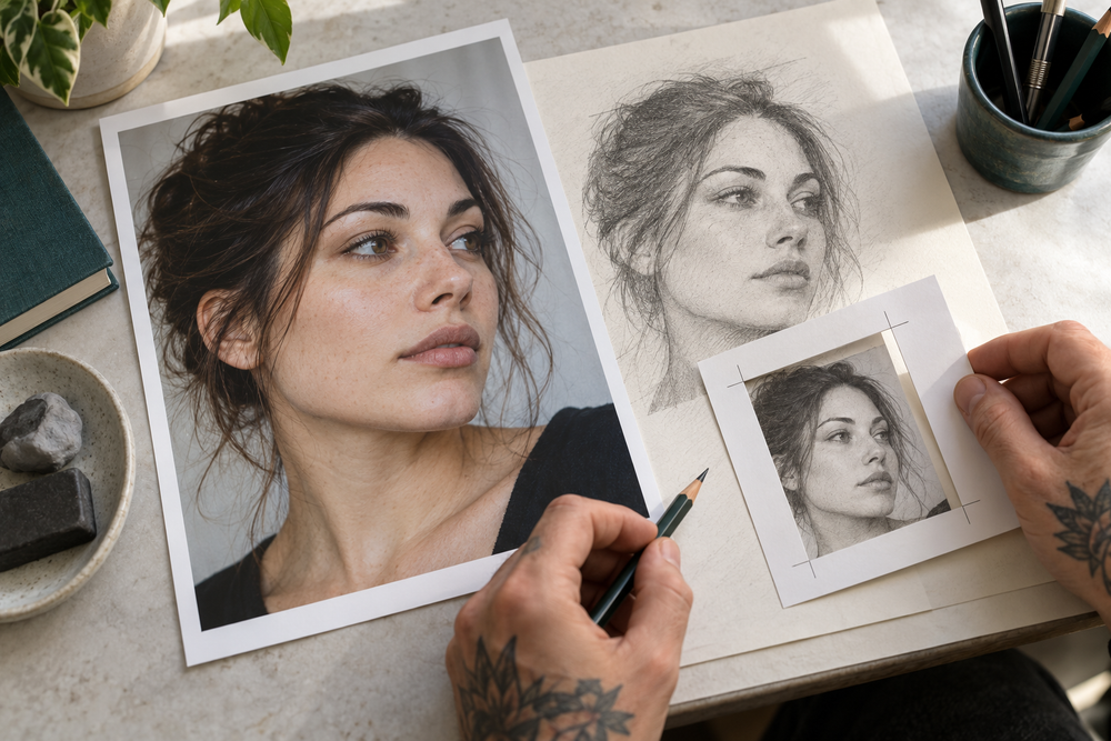 Portrait reference photograph beside planning sketches and a crop frame on an artist desk