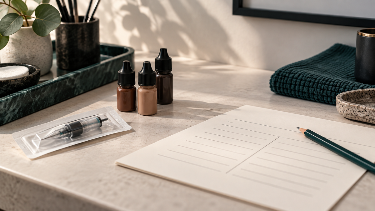 Unbranded PMU supplies and a blank appointment cost worksheet on a studio table