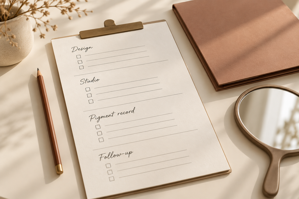 Consultation checklist for design studio pigment record and follow-up beside a mirror and pencil
