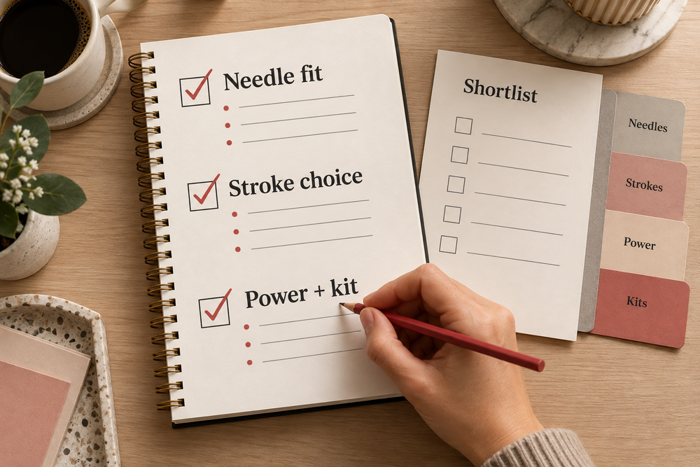 Editorial equipment shortlist notebook separating needle fit stroke choice and the selected power or kit option