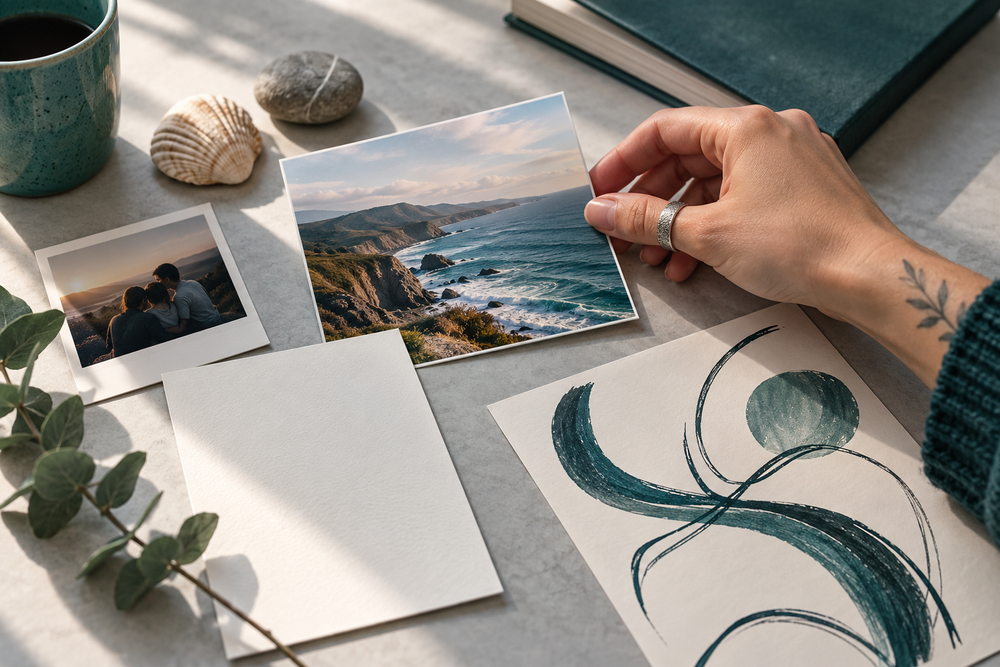 Personal landscape and family reference photographs beside an original abstract drawing, with one reference being selected