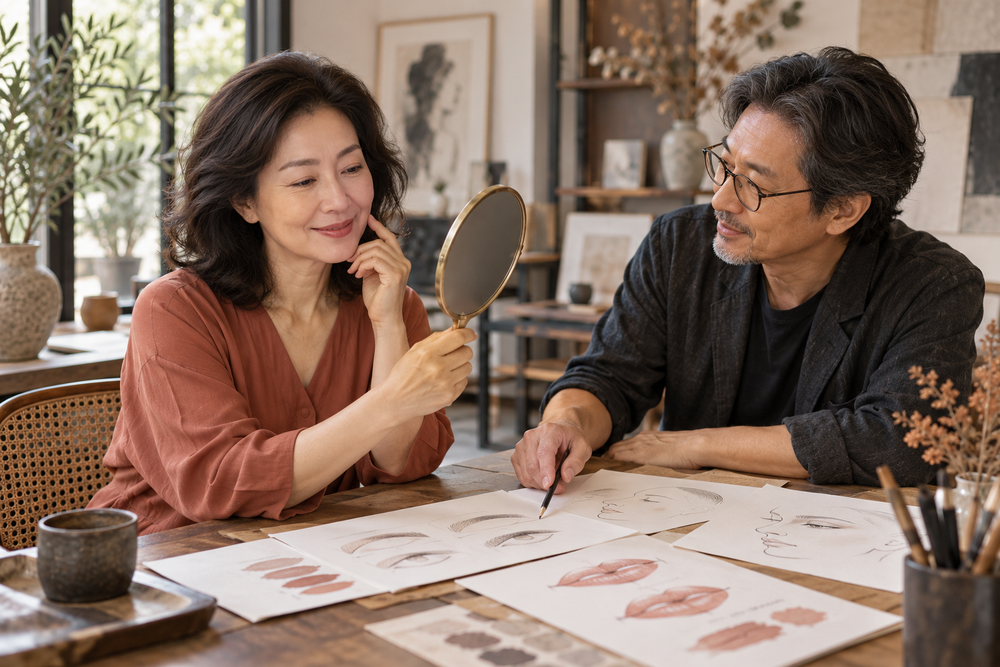 Illustrative client and artist discussing paper brow and lip designs while reviewing a hand mirror