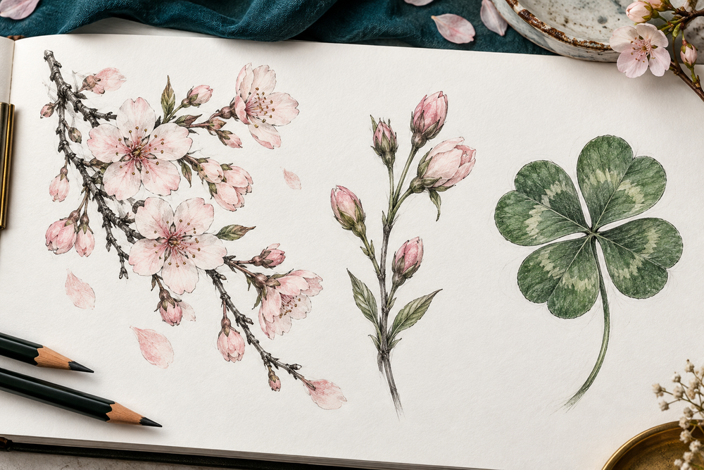 Cherry blossom branch, budding stem and four-leaf clover drawing studies on a sketchbook