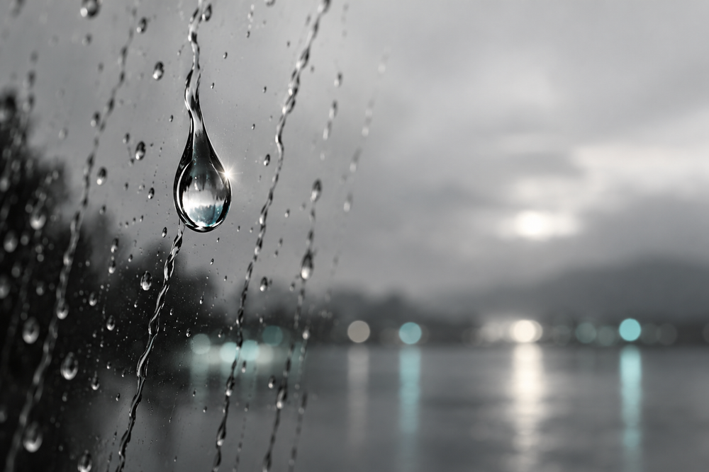 Rain on a window with a clear foreground droplet, bright glint and darker contour