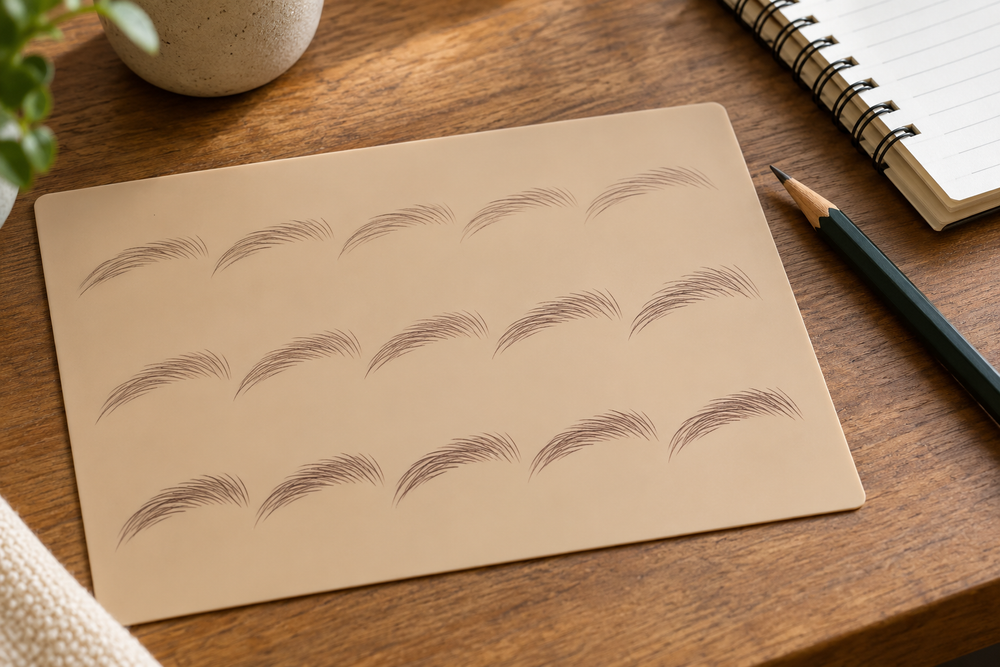 Illustrative synthetic practice sheet with repeated brow strokes beside a pencil