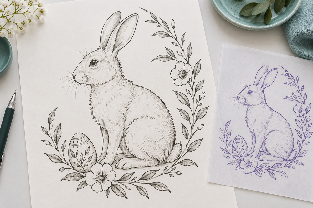 Rabbit, decorated egg and floral framing drawing beside a purple stencil example on paper