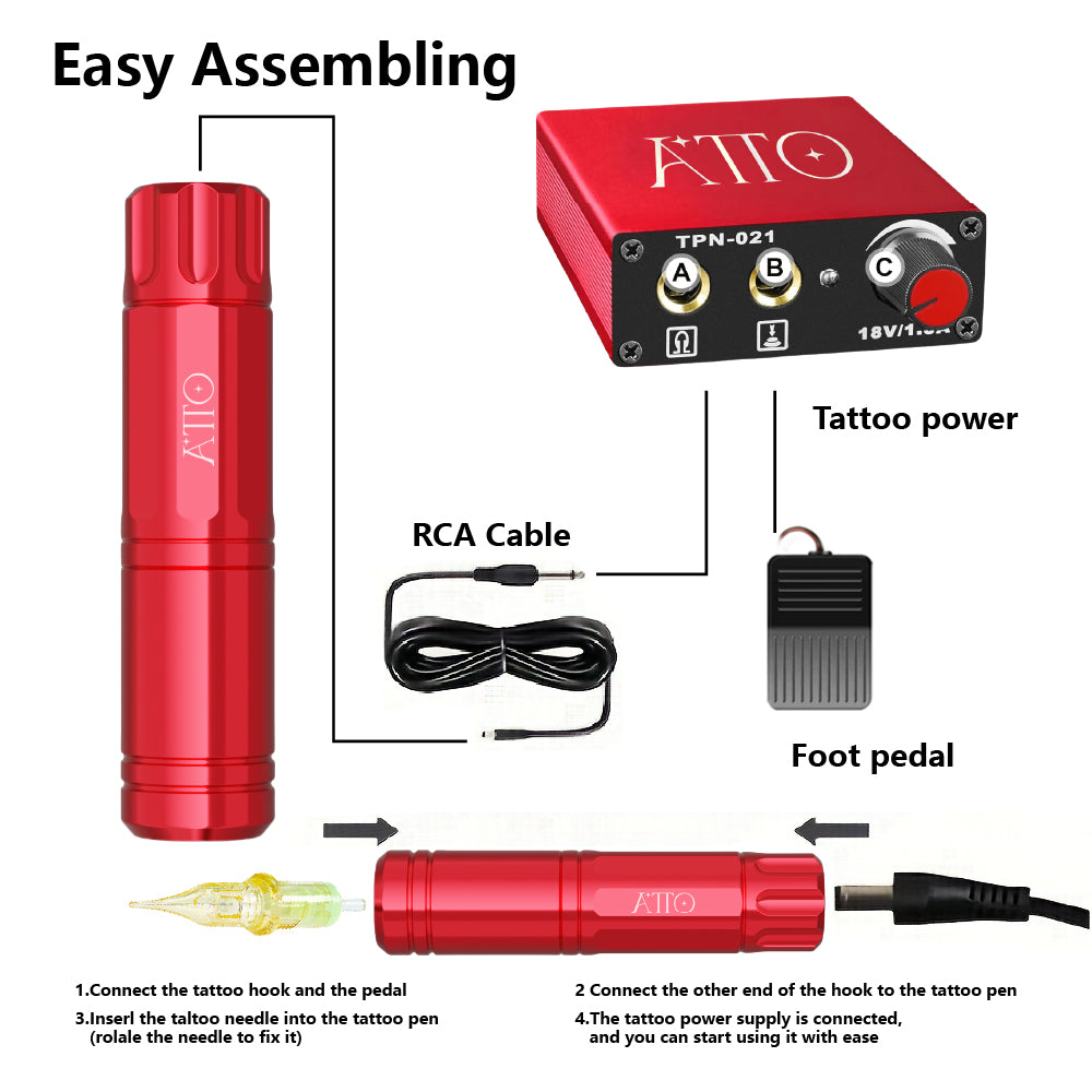 Atto Tattoo Machine Kit | Includes 10 Ink Cartridges & Needles for Professionals